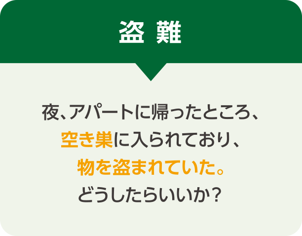 盗難 夜、アパートに帰ったところ、空き巣に入られており、物を盗まれていた。どうしたらいいか？