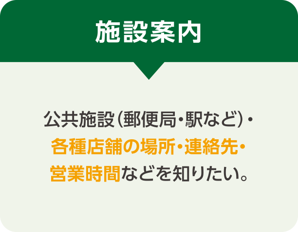 施設案内 公共施設（郵便局・駅など）・各種店舗の場所・連絡先・営業時間などを知りたい。